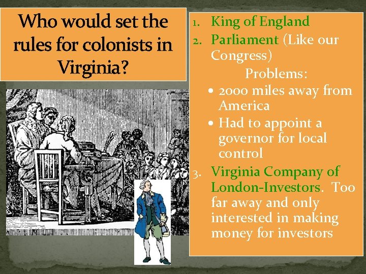 Who would set the rules for colonists in Virginia? 1. King of England 2.