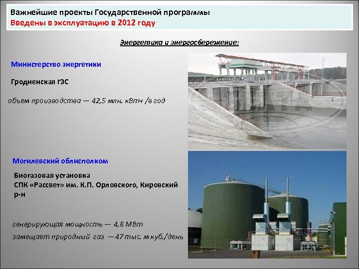 Важнейшие проекты Государственной программы Введены в эксплуатацию в 2012 году Энергетика и энергосбережение: Министерство