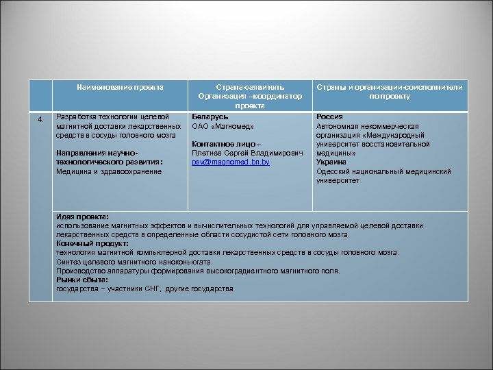 Наименование проекта 4. Разработка технологии целевой магнитной доставки лекарственных средств в сосуды головного мозга