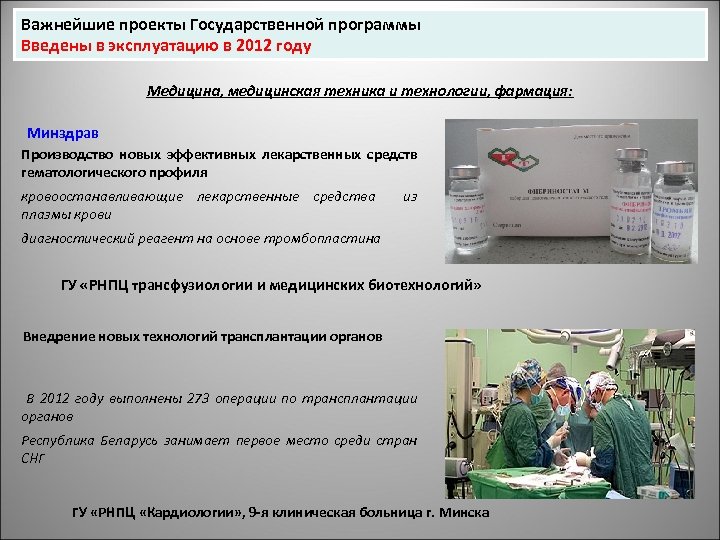 Важнейшие проекты Государственной программы Введены в эксплуатацию в 2012 году Медицина, медицинская техника и