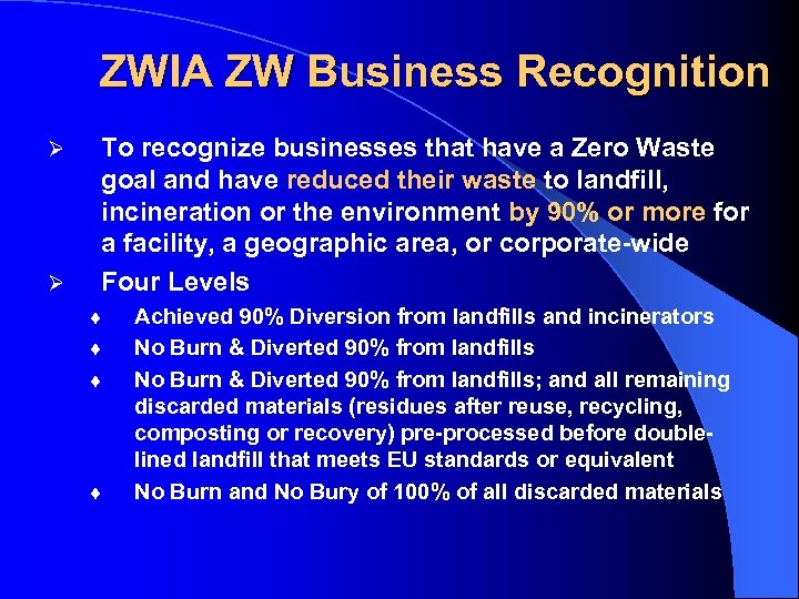 ZWIA ZW Business Recognition Ø Ø To recognize businesses that have a Zero Waste