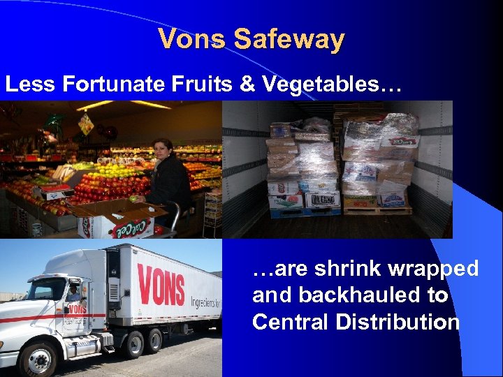 Vons Safeway Less Fortunate Fruits & Vegetables… …are shrink wrapped and backhauled to Central