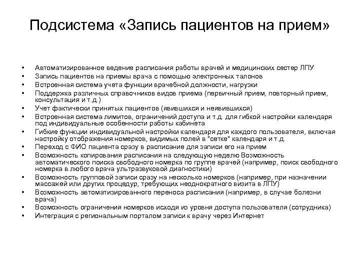 Подсистема «Запись пациентов на прием» • • • • Автоматизированное ведение расписания работы врачей