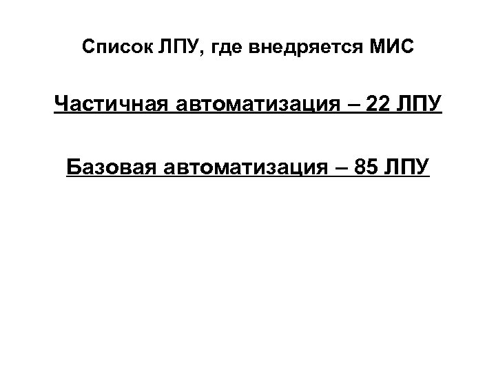 Список ЛПУ, где внедряется МИС Частичная автоматизация – 22 ЛПУ Базовая автоматизация – 85