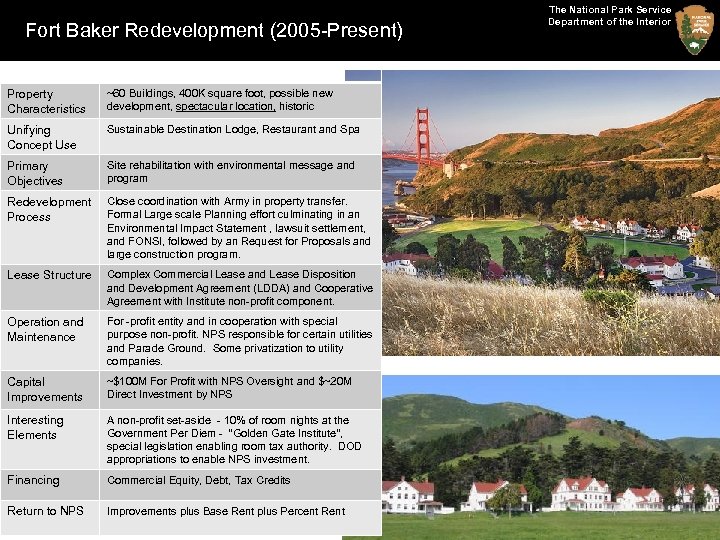 Fort Baker Redevelopment (2005 -Present) Property Characteristics ~60 Buildings, 400 K square foot, possible