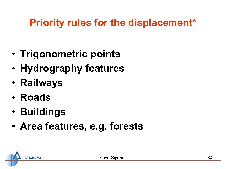 Priority rules for the displacement* • • • Trigonometric points Hydrography features Railways Roads