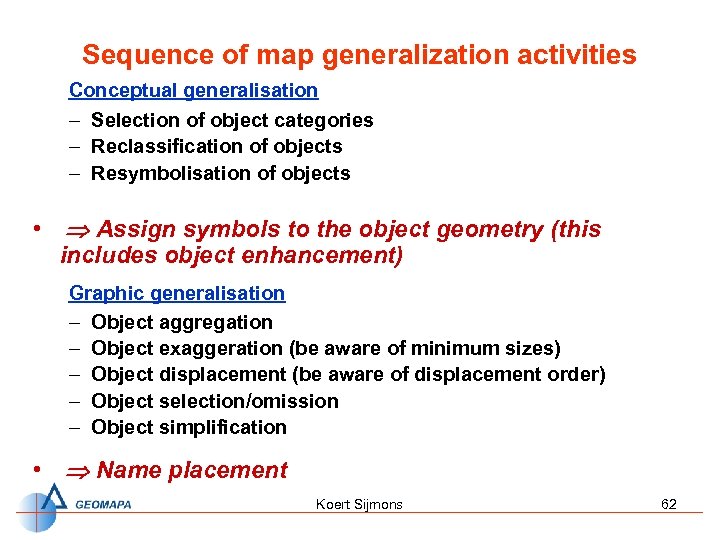 Sequence of map generalization activities Conceptual generalisation – Selection of object categories – Reclassification