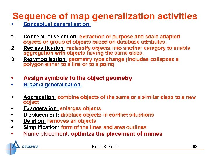 Sequence of map generalization activities • Conceptual generalisation: 1. Conceptual selection: extraction of purpose