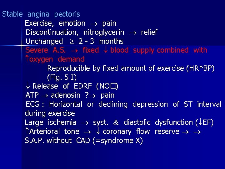 Stable angina pectoris Exercise, emotion pain Discontinuation, nitroglycerin relief Unchanged 2 - 3 months