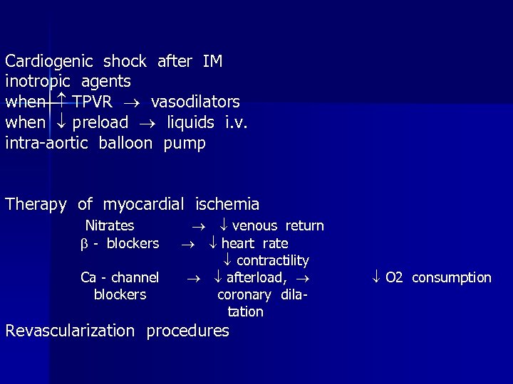 Cardiogenic shock after IM inotropic agents when TPVR vasodilators when preload liquids i. v.