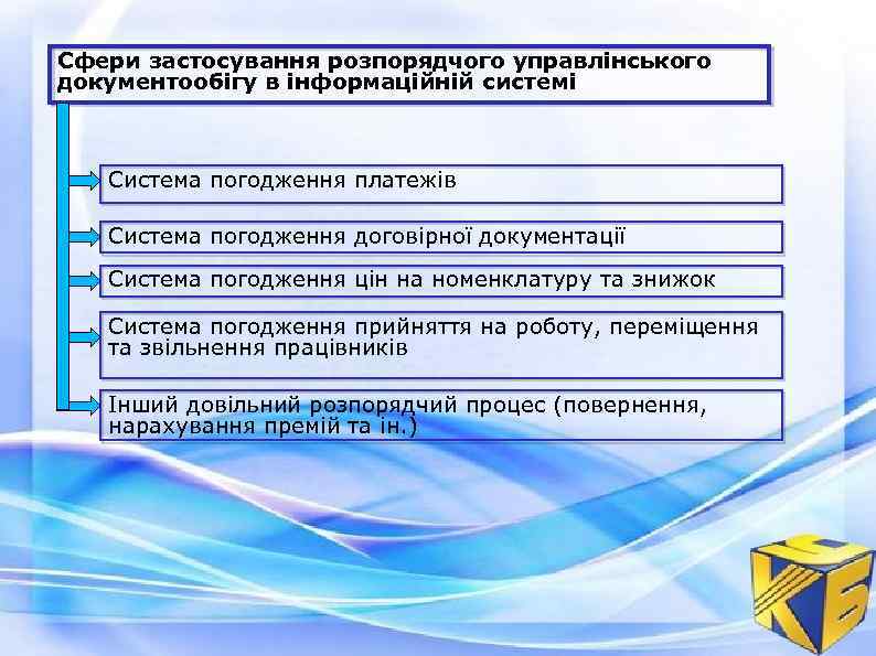 Сфери застосування розпорядчого управлінського документообігу в інформаційній системі Система погодження платежів Система погодження договірної