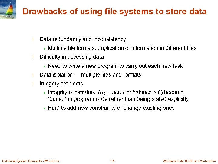 Drawbacks of using file systems to store data l Data redundancy and inconsistency 4