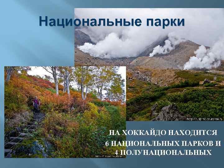 Национальные парки НА ХОККАЙДО НАХОДИТСЯ 6 НАЦИОНАЛЬНЫХ ПАРКОВ И 4 ПОЛУНАЦИОНАЛЬНЫХ 