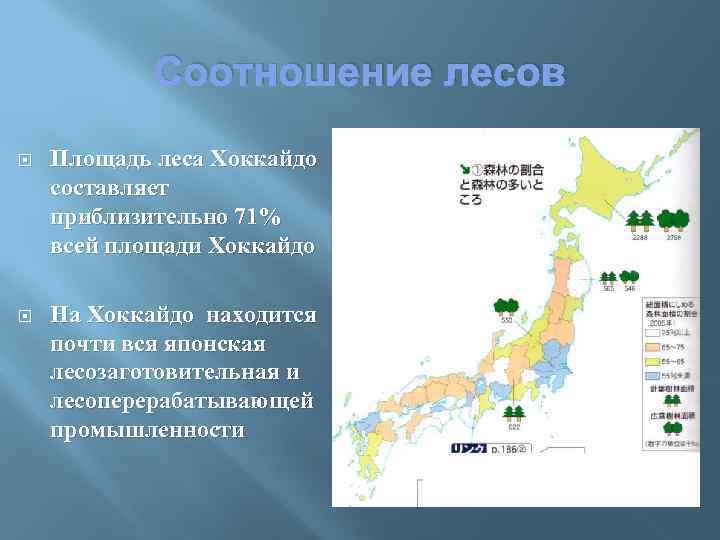 Соотношение лесов Площадь леса Хоккайдо составляет приблизительно 71% всей площади Хоккайдо На Хоккайдо находится