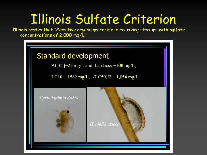 Illinois Sulfate Criterion Illinois states that “Sensitive organisms reside in receiving streams with sulfate