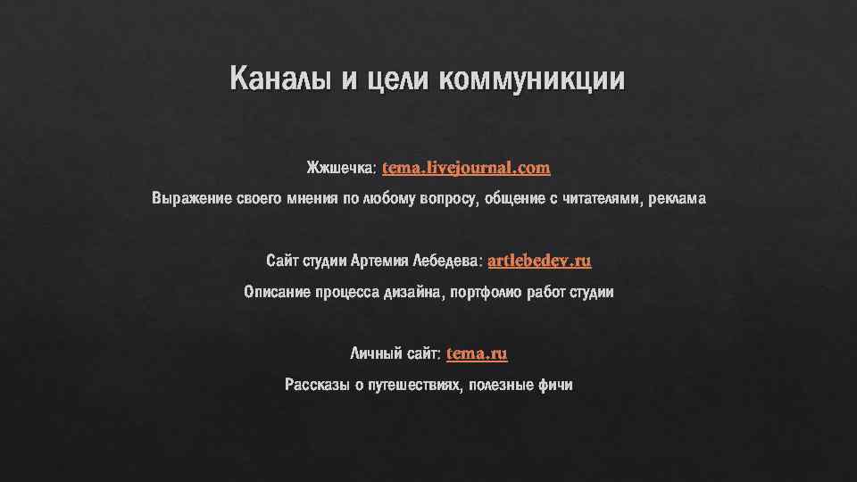 Каналы и цели коммуникции Жжшечка: tema. livejournal. com Выражение своего мнения по любому вопросу,