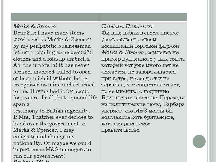 Marks & Spencer Dear Sir: I have many items purchased at Marks & Spencer