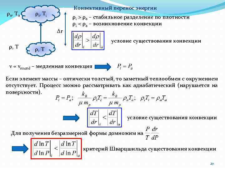 ρa, Ta Конвективный перенос энергии ρi, Ti Δr ρ, T ρi > ρa –