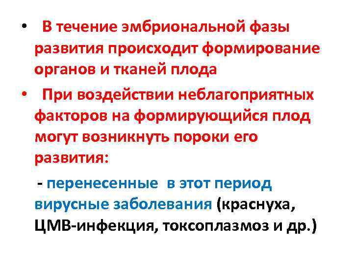  • В течение эмбриональной фазы развития происходит формирование органов и тканей плода •