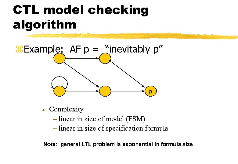 CTL model checking algorithm z. Example: AF p = “inevitably p” p l Complexity