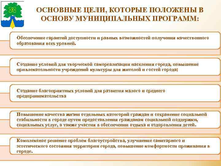 ОСНОВНЫЕ ЦЕЛИ, КОТОРЫЕ ПОЛОЖЕНЫ В ОСНОВУ МУНИЦИПАЛЬНЫХ ПРОГРАММ: Обеспечение гарантий доступности и равных возможностей