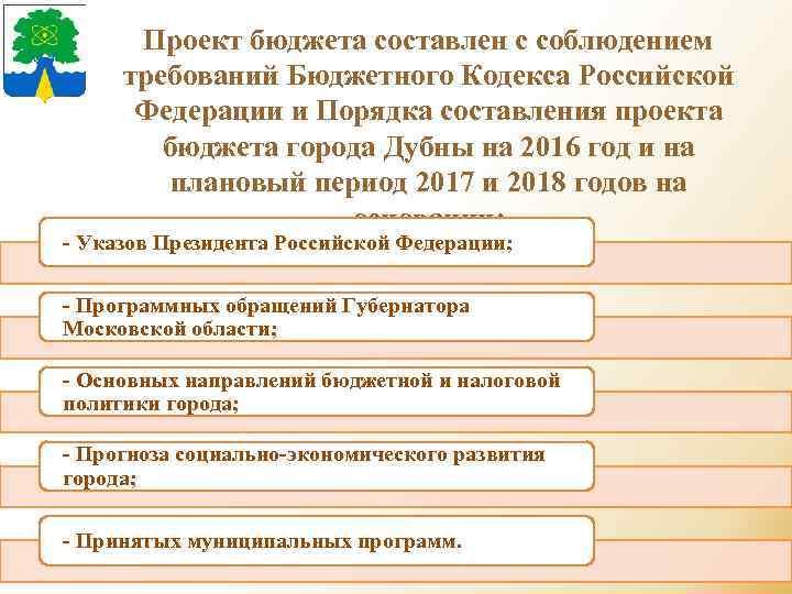 Проект бюджета составлен с соблюдением требований Бюджетного Кодекса Российской Федерации и Порядка составления проекта