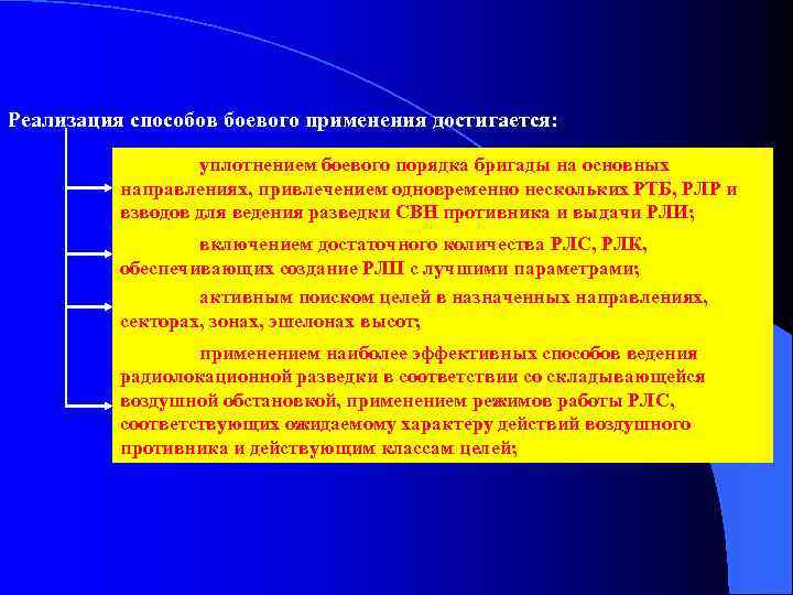 Реализация способов боевого применения достигается: уплотнением боевого порядка бригады на основных направлениях, привлечением одновременно