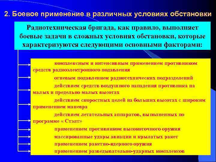 2. Боевое применение в различных условиях обстановки Радиотехническая бригада, как правило, выполняет боевые задачи