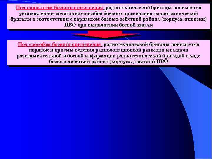 Под вариантом боевого применения радиотехнической бригады понимается установленное сочетание способов боевого применения радиотехнической бригады