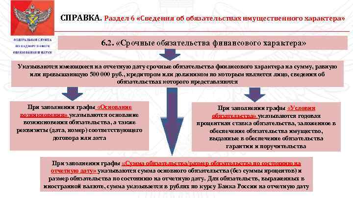 СПРАВКА. Раздел 6 «Сведения об обязательствах имущественного характера» 6. 2. «Срочные обязательства финансового характера»