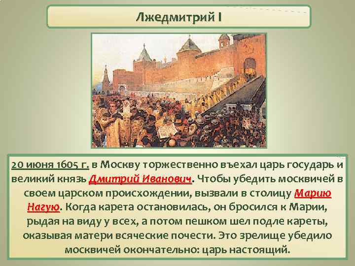 Лжедмитрий I 20 июня 1605 г. в Москву торжественно въехал царь государь и великий