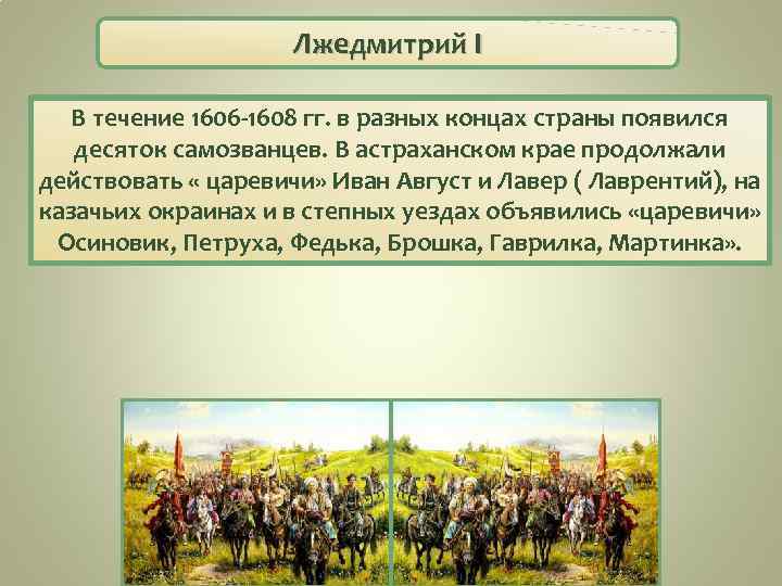 Лжедмитрий I В течение 1606 -1608 гг. в разных концах страны появился десяток самозванцев.