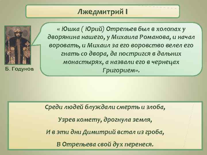 Лжедмитрий I Б. Годунов « Юшка ( Юрий) Отрепьев был в холопах у дворянина