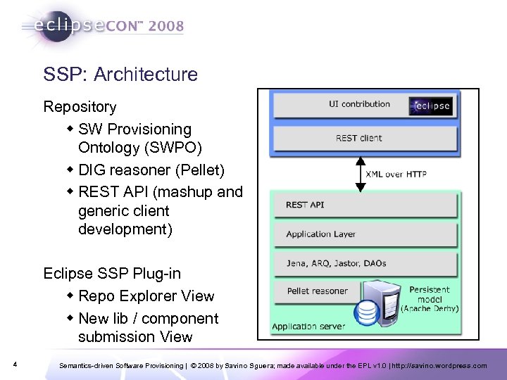 SSP: Architecture Repository w SW Provisioning Ontology (SWPO) w DIG reasoner (Pellet) w REST