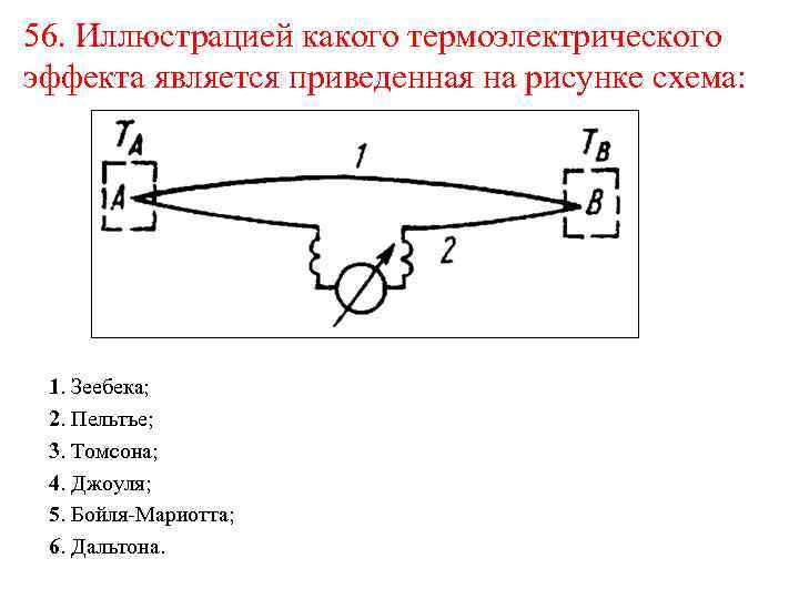 56. Иллюстрацией какого термоэлектрического эффекта является приведенная на рисунке схема: 1. Зеебека; 2. Пельтье;