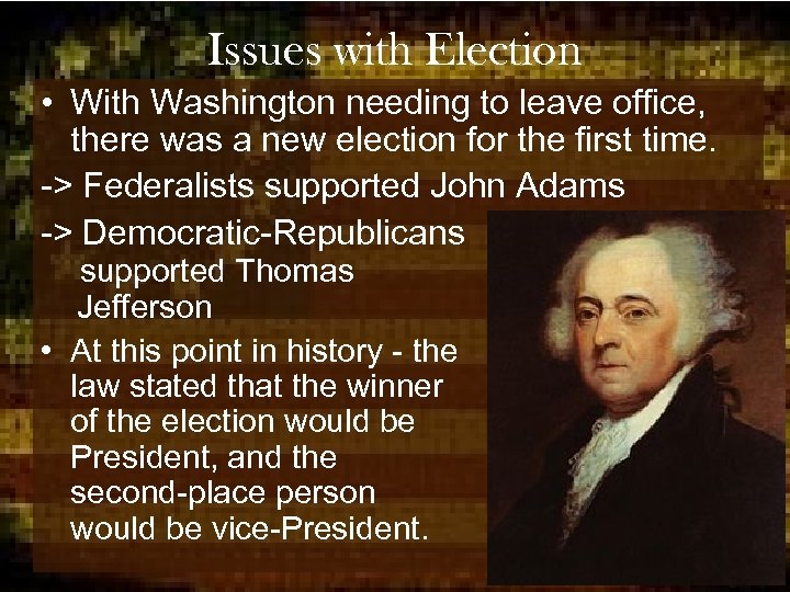 Issues with Election • With Washington needing to leave office, there was a new