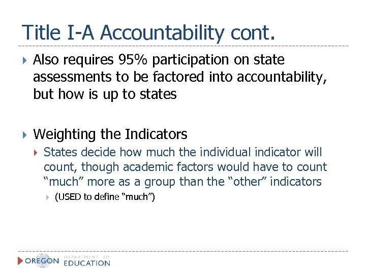 Title I-A Accountability cont. Also requires 95% participation on state assessments to be factored