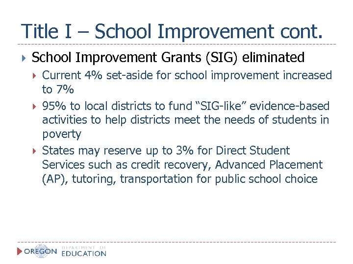 Title I – School Improvement cont. School Improvement Grants (SIG) eliminated Current 4% set-aside