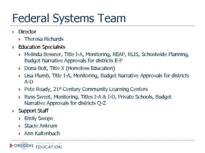 Federal Systems Team Director Theresa Richards Education Specialists Melinda Bessner, Title I-A, Monitoring, REAP,