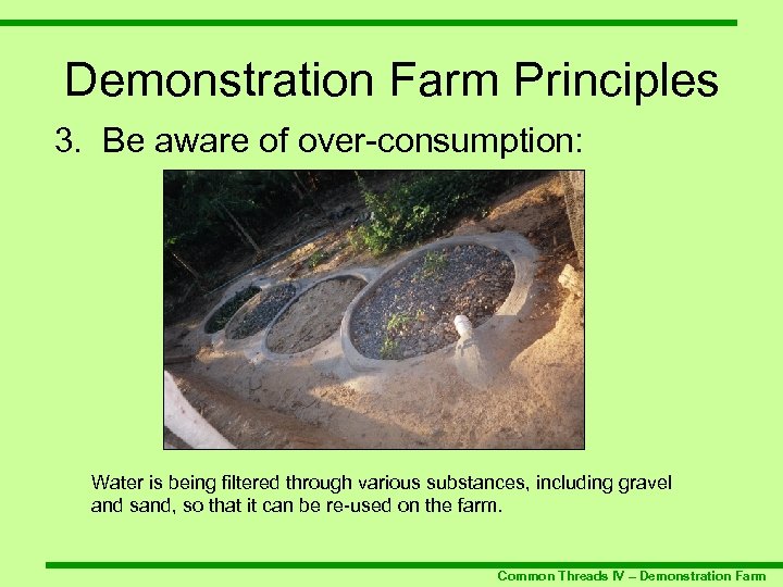Demonstration Farm Principles 3. Be aware of over-consumption: Water is being filtered through various