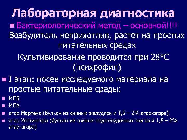 Лабораторная диагностика n Бактериологический метод – основной!!!! Возбудитель неприхотлив, растет на простых питательных средах