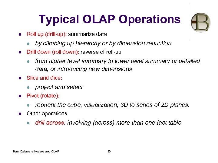 Typical OLAP Operations l Roll up (drill-up): summarize data l l Drill down (roll