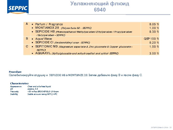 Увлажняющий флюид 6940 Procedure Солюбилизируйте отдушку и SEPICIDE HB в MONTANOX 20. Затем добавьте