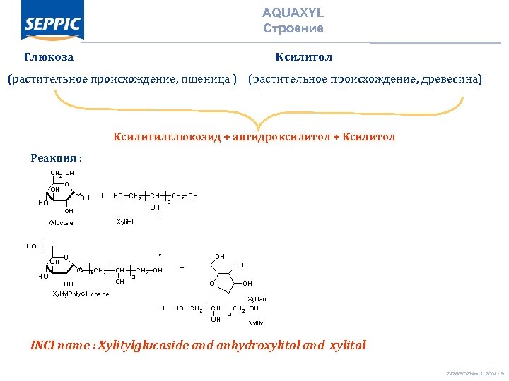 AQUAXYL Строение Глюкоза Ксилитол (растительное происхождение, пшеница ) (растительное происхождение, древесина) Реакция : Ксилитилглюкозид