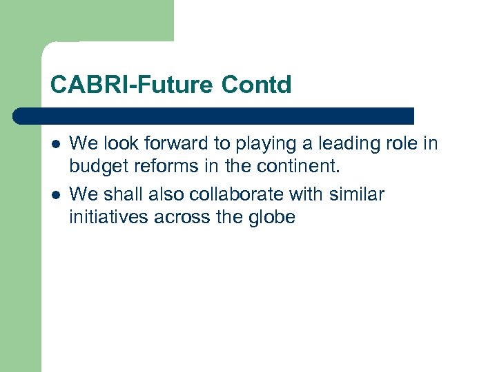 CABRI-Future Contd l l We look forward to playing a leading role in budget