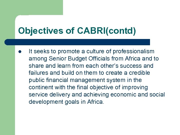 Objectives of CABRI(contd) l It seeks to promote a culture of professionalism among Senior