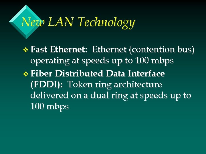 New LAN Technology v Fast Ethernet: Ethernet (contention bus) operating at speeds up to
