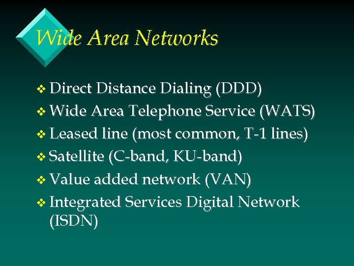 Wide Area Networks v Direct Distance Dialing (DDD) v Wide Area Telephone Service (WATS)