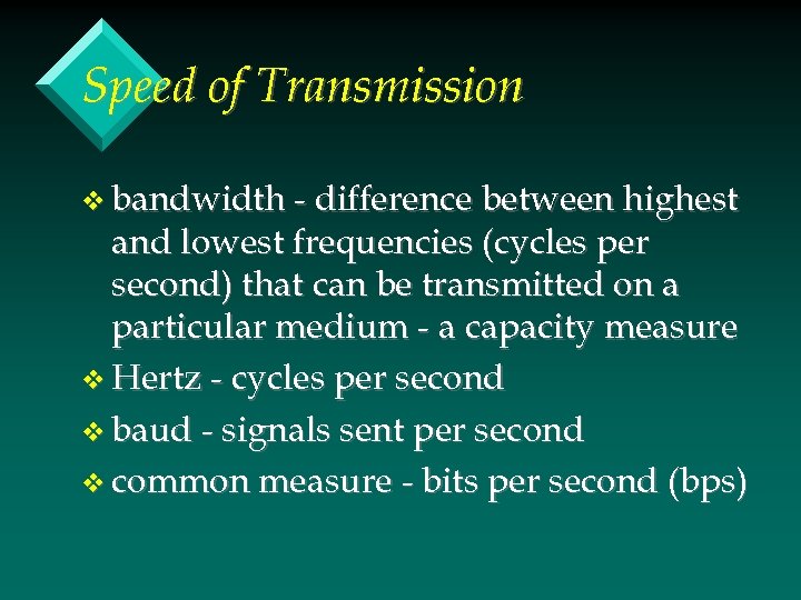 Speed of Transmission v bandwidth - difference between highest and lowest frequencies (cycles per