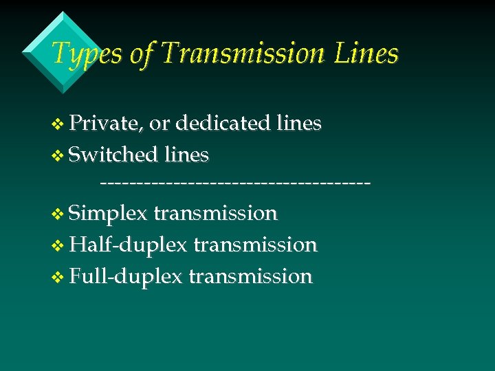 Types of Transmission Lines v Private, or dedicated lines v Switched lines ------------------v Simplex